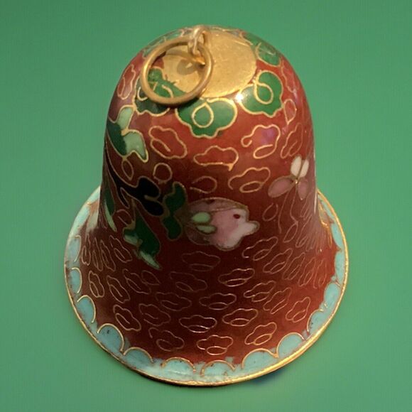 VTG Cloisonné Enameled Brass Bell Floral Design Brown Gold Toned Trim 2” High - Picture 4 of 12
